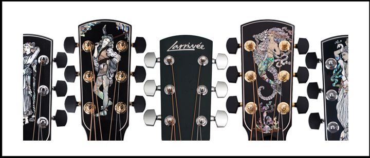 Headstocks of several Larrivee guitars